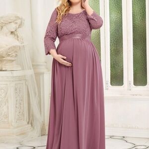 Plus-Size Lavender Mauve Maternity Lace-Top Maxi Dress